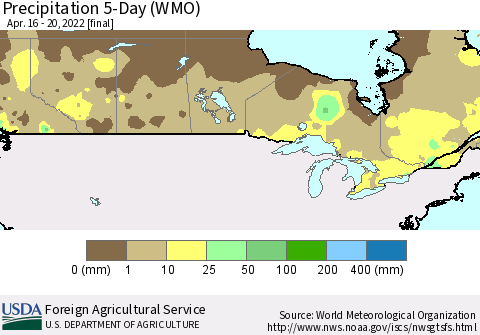 Canada Precipitation 5-Day (WMO) Thematic Map For 4/16/2022 - 4/20/2022