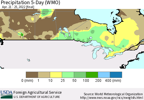 Canada Precipitation 5-Day (WMO) Thematic Map For 4/21/2022 - 4/25/2022