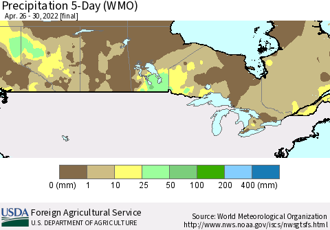 Canada Precipitation 5-Day (WMO) Thematic Map For 4/26/2022 - 4/30/2022