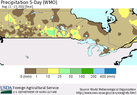 Canada Precipitation 5-Day (WMO) Thematic Map For 8/11/2022 - 8/15/2022