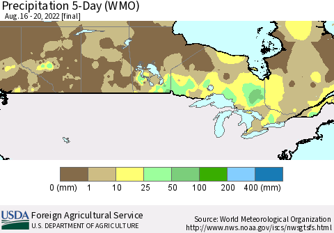Canada Precipitation 5-Day (WMO) Thematic Map For 8/16/2022 - 8/20/2022