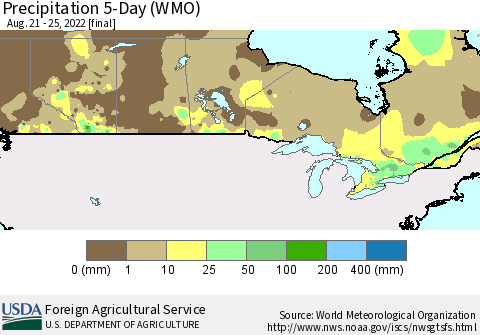 Canada Precipitation 5-Day (WMO) Thematic Map For 8/21/2022 - 8/25/2022
