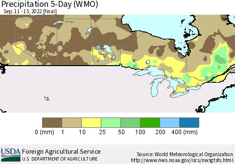 Canada Precipitation 5-Day (WMO) Thematic Map For 9/11/2022 - 9/15/2022
