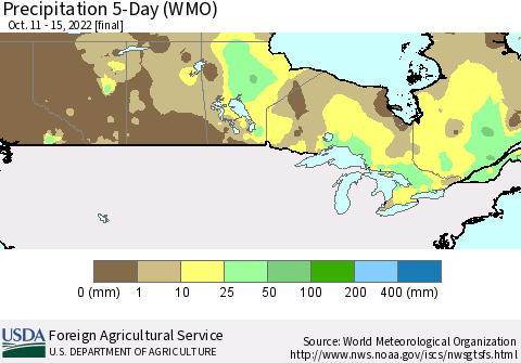 Canada Precipitation 5-Day (WMO) Thematic Map For 10/11/2022 - 10/15/2022