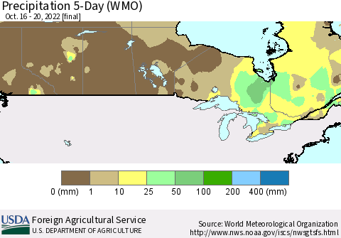 Canada Precipitation 5-Day (WMO) Thematic Map For 10/16/2022 - 10/20/2022