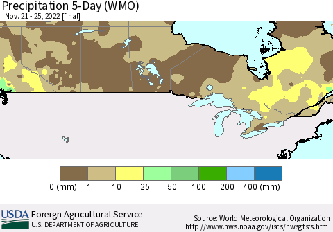Canada Precipitation 5-Day (WMO) Thematic Map For 11/21/2022 - 11/25/2022