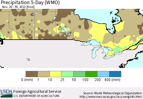 Canada Precipitation 5-Day (WMO) Thematic Map For 11/26/2022 - 11/30/2022