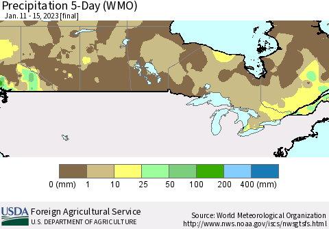 Canada Precipitation 5-Day (WMO) Thematic Map For 1/11/2023 - 1/15/2023