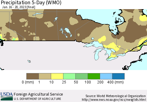 Canada Precipitation 5-Day (WMO) Thematic Map For 1/16/2023 - 1/20/2023