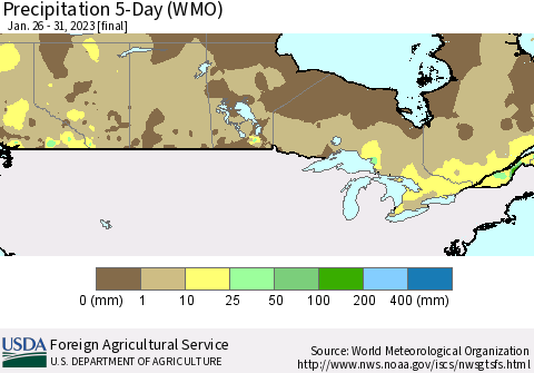 Canada Precipitation 5-Day (WMO) Thematic Map For 1/26/2023 - 1/31/2023