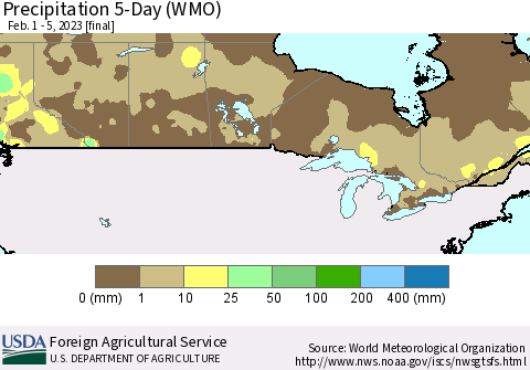 Canada Precipitation 5-Day (WMO) Thematic Map For 2/1/2023 - 2/5/2023