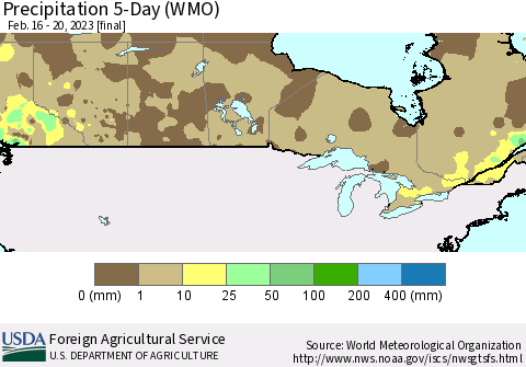 Canada Precipitation 5-Day (WMO) Thematic Map For 2/16/2023 - 2/20/2023