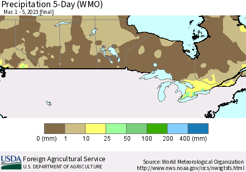 Canada Precipitation 5-Day (WMO) Thematic Map For 3/1/2023 - 3/5/2023