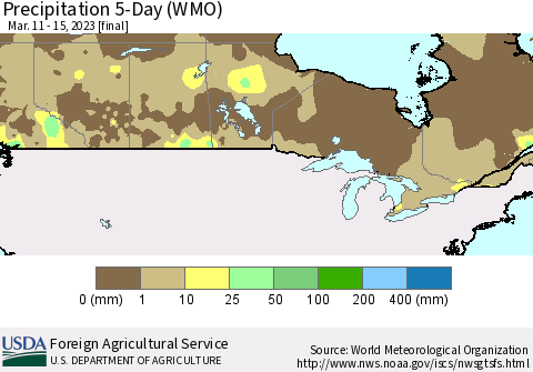 Canada Precipitation 5-Day (WMO) Thematic Map For 3/11/2023 - 3/15/2023