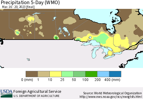 Canada Precipitation 5-Day (WMO) Thematic Map For 3/16/2023 - 3/20/2023