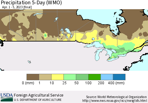 Canada Precipitation 5-Day (WMO) Thematic Map For 4/1/2023 - 4/5/2023