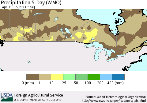 Canada Precipitation 5-Day (WMO) Thematic Map For 4/11/2023 - 4/15/2023