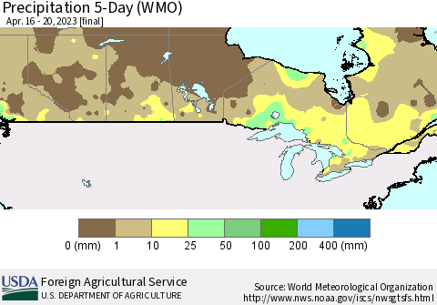 Canada Precipitation 5-Day (WMO) Thematic Map For 4/16/2023 - 4/20/2023