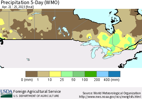 Canada Precipitation 5-Day (WMO) Thematic Map For 4/21/2023 - 4/25/2023