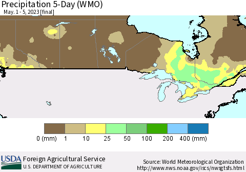 Canada Precipitation 5-Day (WMO) Thematic Map For 5/1/2023 - 5/5/2023