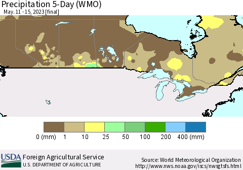 Canada Precipitation 5-Day (WMO) Thematic Map For 5/11/2023 - 5/15/2023