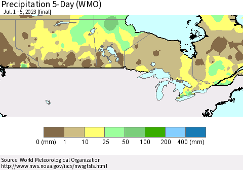 Canada Precipitation 5-Day (WMO) Thematic Map For 7/1/2023 - 7/5/2023