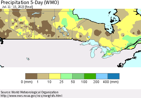 Canada Precipitation 5-Day (WMO) Thematic Map For 7/11/2023 - 7/15/2023