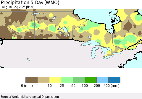 Canada Precipitation 5-Day (WMO) Thematic Map For 8/16/2023 - 8/20/2023