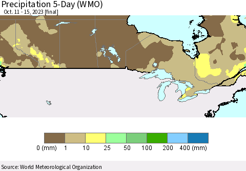 Canada Precipitation 5-Day (WMO) Thematic Map For 10/11/2023 - 10/15/2023