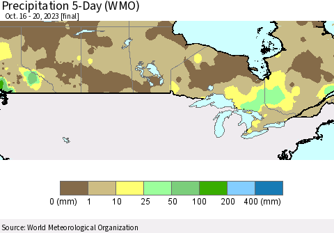 Canada Precipitation 5-Day (WMO) Thematic Map For 10/16/2023 - 10/20/2023