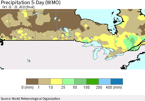 Canada Precipitation 5-Day (WMO) Thematic Map For 10/21/2023 - 10/25/2023