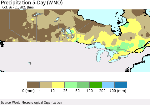 Canada Precipitation 5-Day (WMO) Thematic Map For 10/26/2023 - 10/31/2023