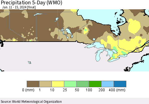 Canada Precipitation 5-Day (WMO) Thematic Map For 1/11/2024 - 1/15/2024