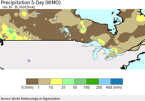 Canada Precipitation 5-Day (WMO) Thematic Map For 1/16/2024 - 1/20/2024