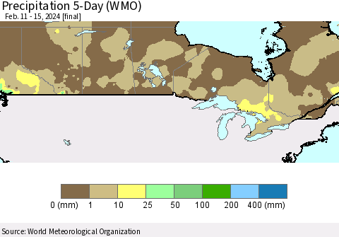 Canada Precipitation 5-Day (WMO) Thematic Map For 2/11/2024 - 2/15/2024