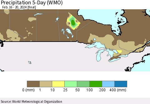 Canada Precipitation 5-Day (WMO) Thematic Map For 2/16/2024 - 2/20/2024