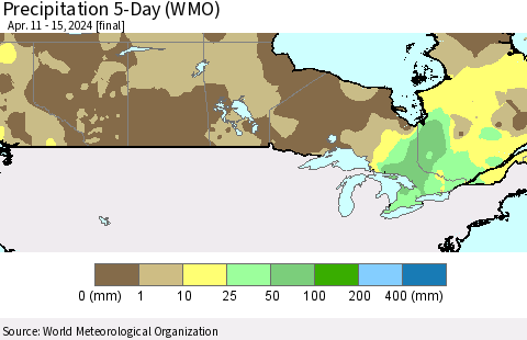 Canada Precipitation 5-Day (WMO) Thematic Map For 4/11/2024 - 4/15/2024