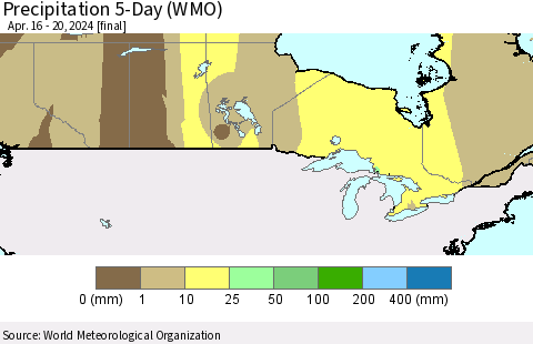 Canada Precipitation 5-Day (WMO) Thematic Map For 4/16/2024 - 4/20/2024