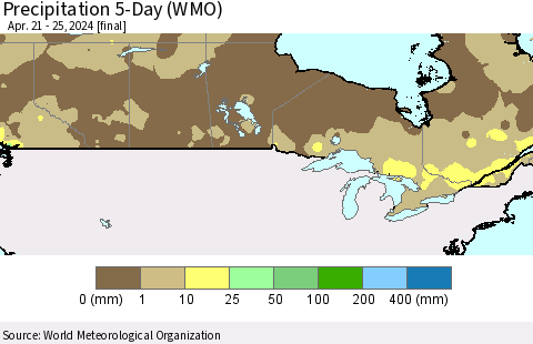 Canada Precipitation 5-Day (WMO) Thematic Map For 4/21/2024 - 4/25/2024