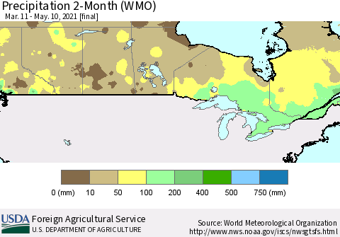 Canada Precipitation 2-Month (WMO) Thematic Map For 3/11/2021 - 5/10/2021