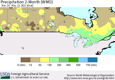 Canada Precipitation 2-Month (WMO) Thematic Map For 3/16/2021 - 5/15/2021