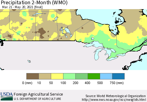 Canada Precipitation 2-Month (WMO) Thematic Map For 3/21/2021 - 5/20/2021