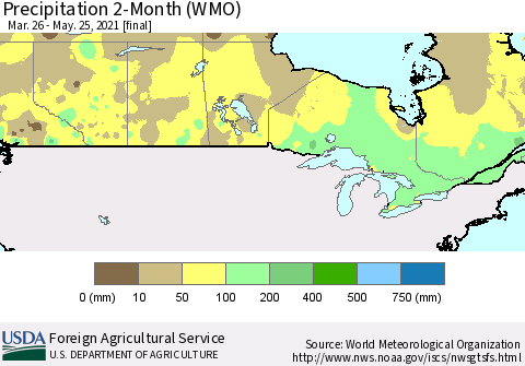 Canada Precipitation 2-Month (WMO) Thematic Map For 3/26/2021 - 5/25/2021