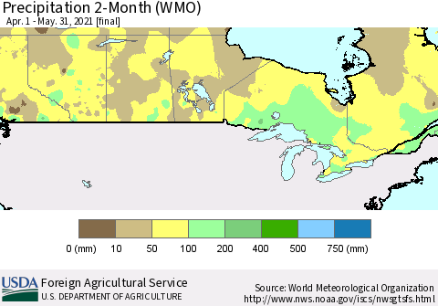 Canada Precipitation 2-Month (WMO) Thematic Map For 4/1/2021 - 5/31/2021