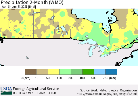 Canada Precipitation 2-Month (WMO) Thematic Map For 4/6/2021 - 6/5/2021