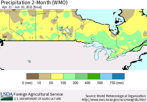 Canada Precipitation 2-Month (WMO) Thematic Map For 4/11/2021 - 6/10/2021