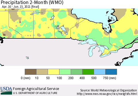 Canada Precipitation 2-Month (WMO) Thematic Map For 4/16/2021 - 6/15/2021