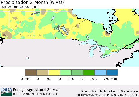 Canada Precipitation 2-Month (WMO) Thematic Map For 4/26/2021 - 6/25/2021