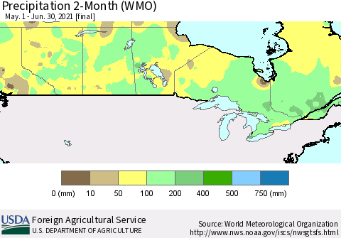 Canada Precipitation 2-Month (WMO) Thematic Map For 5/1/2021 - 6/30/2021