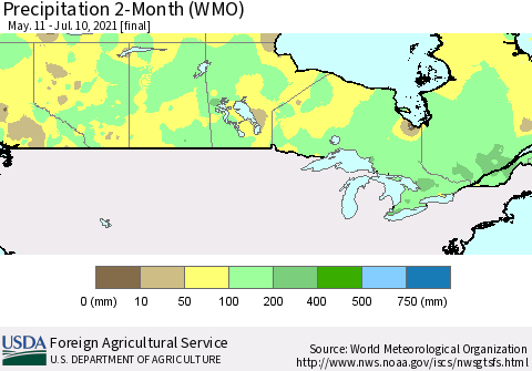 Canada Precipitation 2-Month (WMO) Thematic Map For 5/11/2021 - 7/10/2021